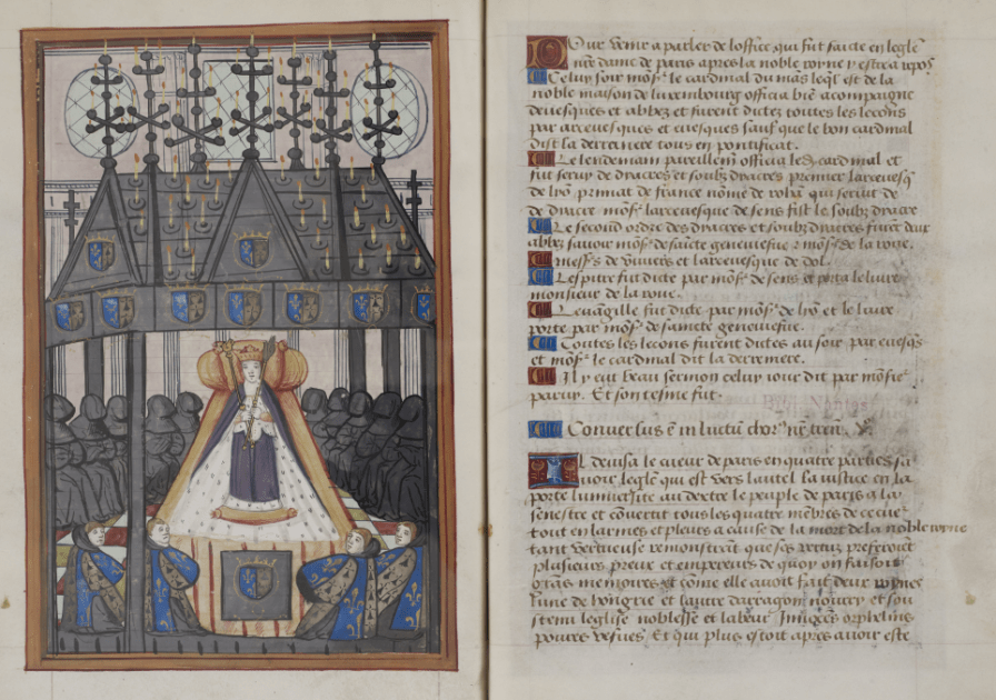 Double page du manuscrit des funérailles d'Anne de Bretagne, cote ms 653