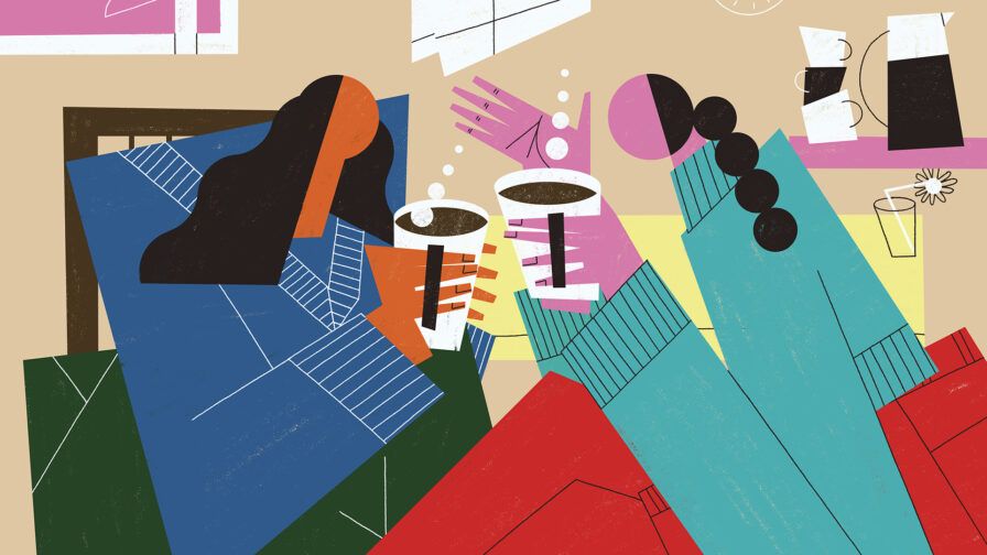 Young adult women friends share funny time and confidences takin