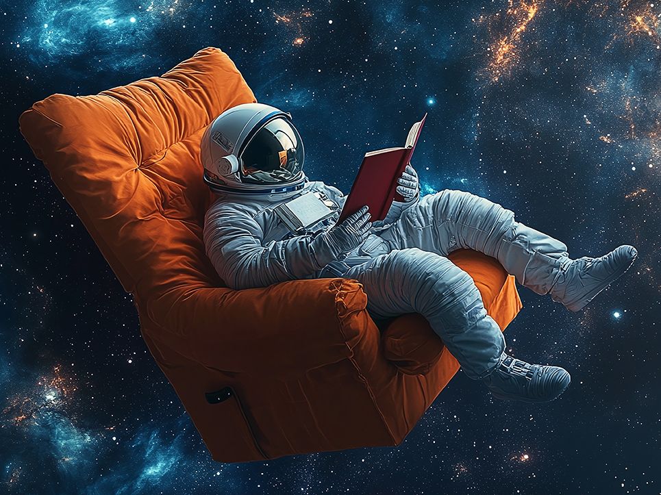 Astronaut relaxing in an orange armchair floating in space, read