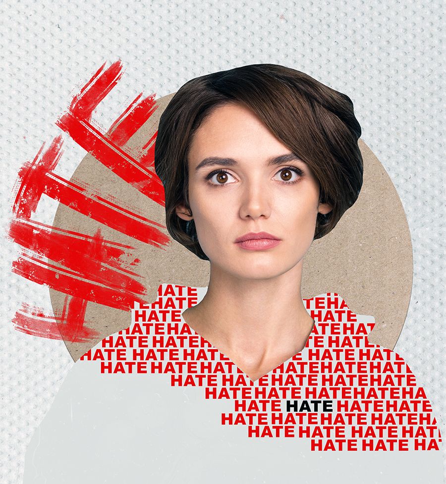 Collage photo composite artwork of young confident serious woman avatar against social media hate text bullying isolated on blue color background