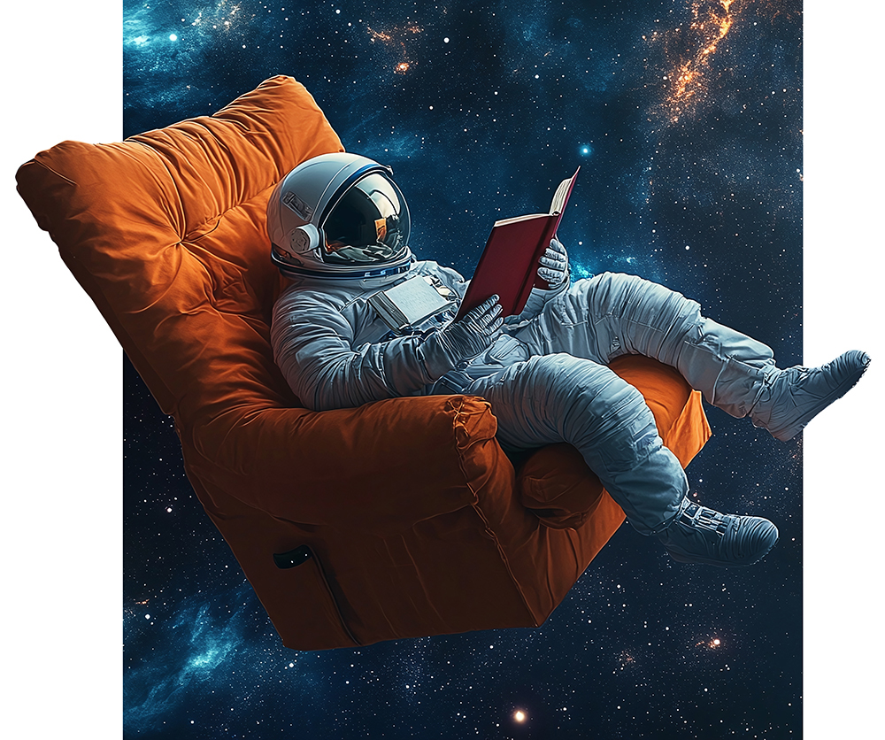 Astronaut relaxing in an orange armchair floating in space, read