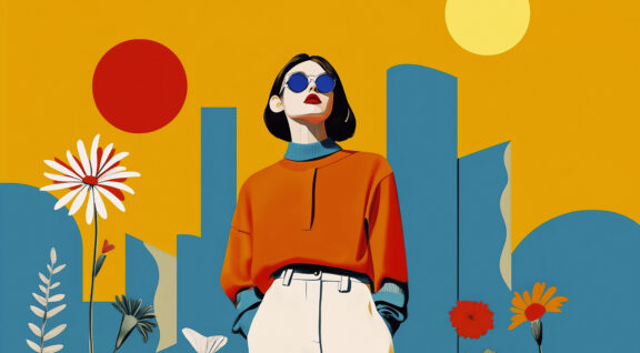 A young woman in bright clothes among flowers on an abstract cit