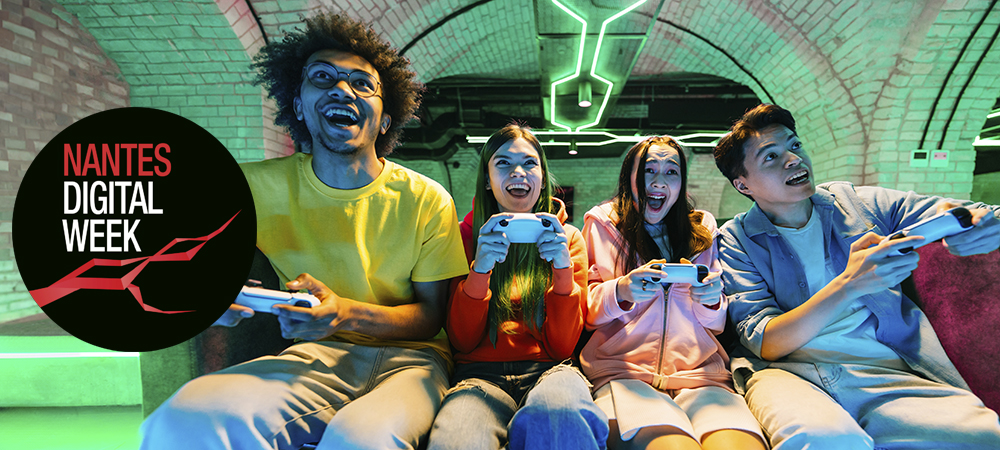 Multiethnic group of young friends playing videogames at home