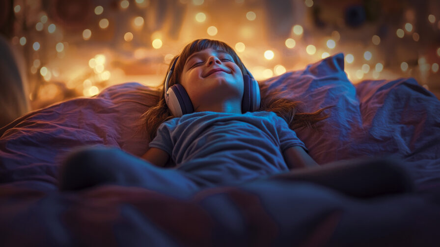 A child enjoys music with headphones, surrounded by warm, glowing lights in a cozy setting.