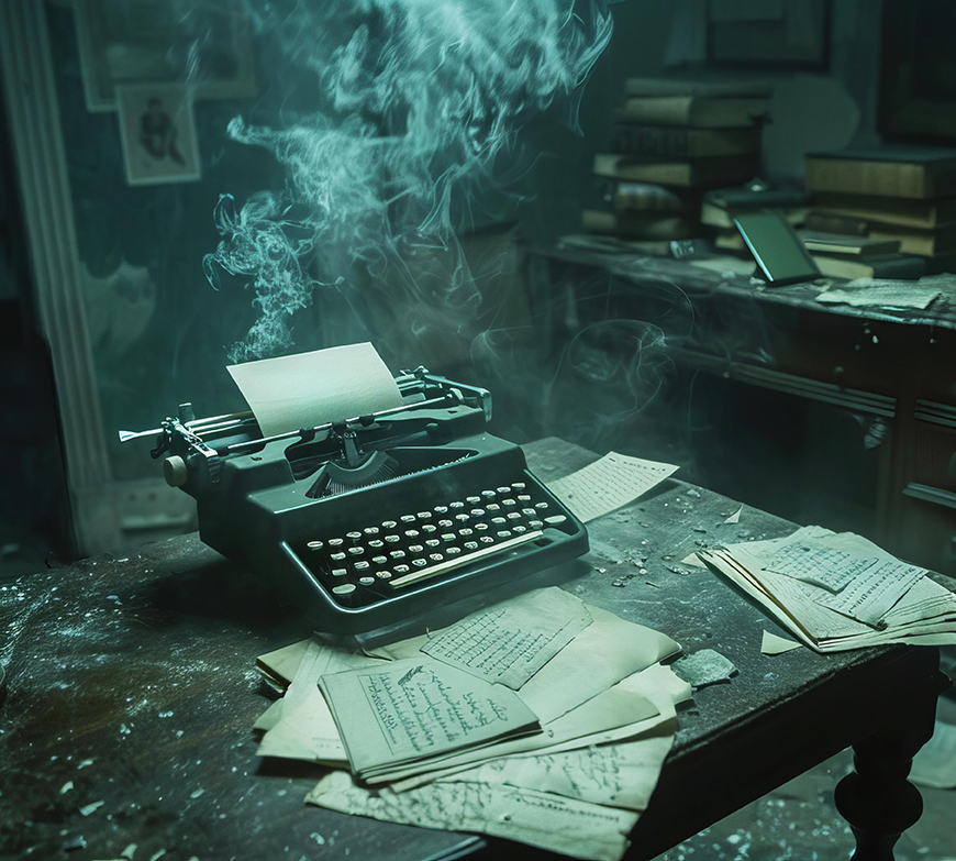 Vintage typewriter in dark and dusty room. mysterious atmosphere