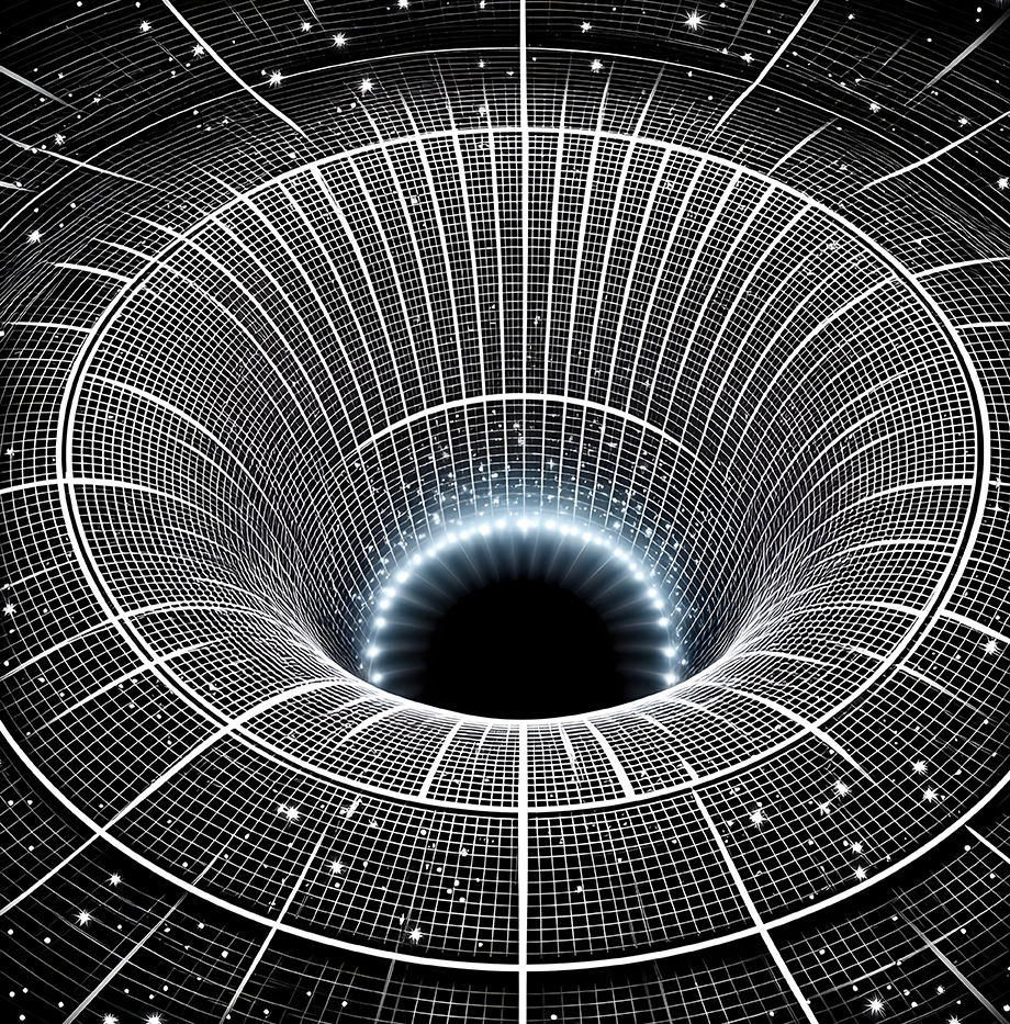 Abstract digital art depicting a wormhole or black hole with glowing center and grid like structure against a starry background