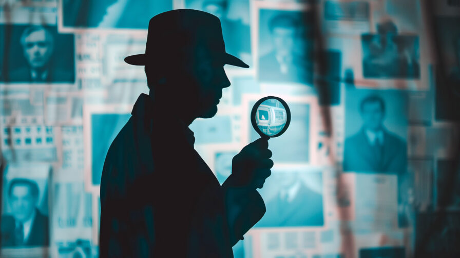 Detective silhouette with magnifying glass against wall of evide