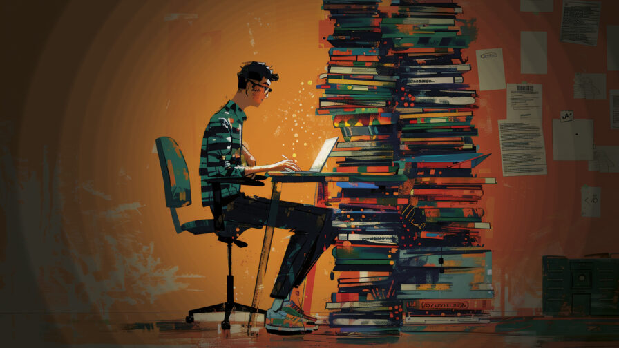 Illustration of a person studying at a desk, surrounded by tower