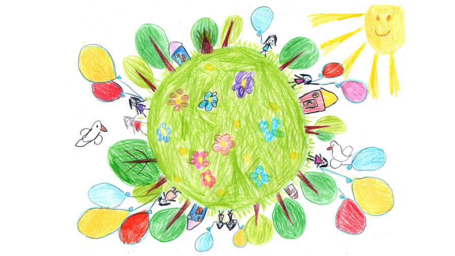 Child drawing of multicultural children holding hands around the