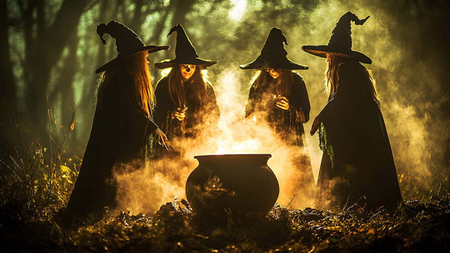 A group of witches casting spells around a cauldron