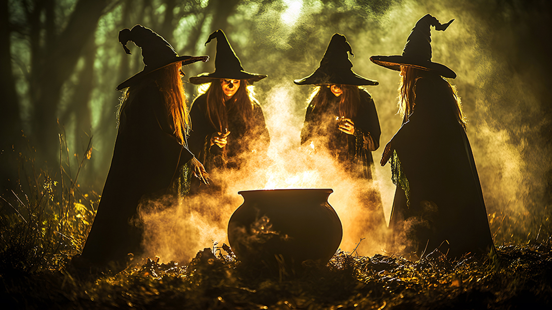 A group of witches casting spells around a cauldron