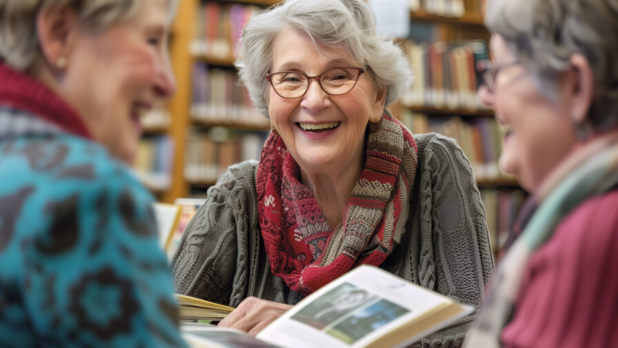 Senior people having bookclub in the library