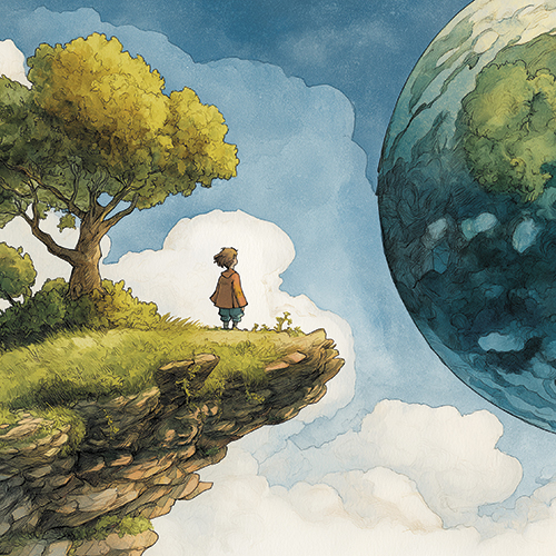 神秘的な空と森と雲に囲まれた幻想風景イラス