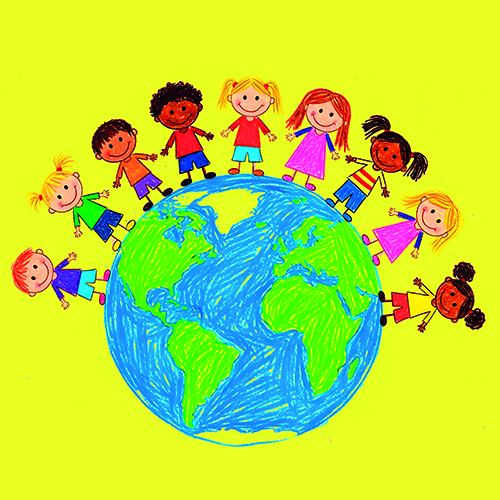 Naive child’s drawing with wax crayons, group of diverse child