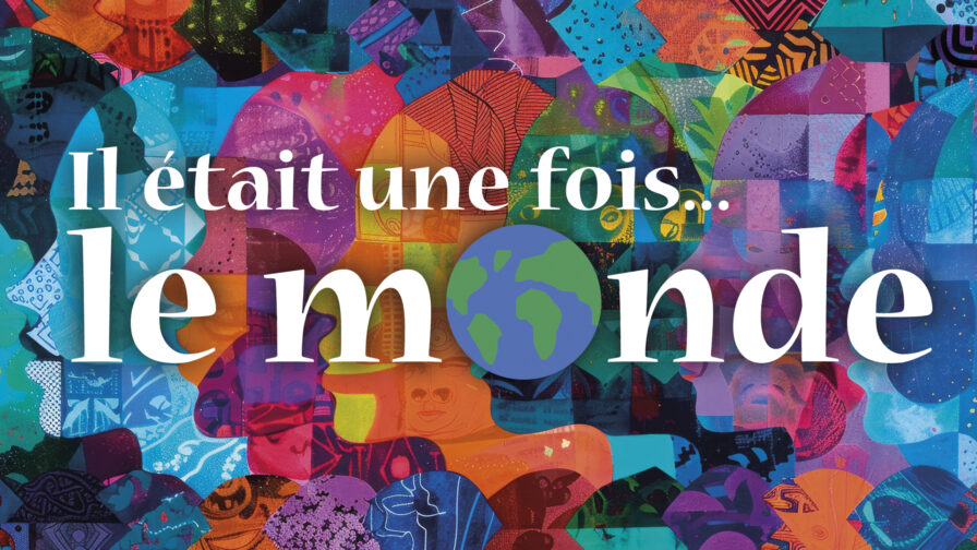 A vibrant, colorful collage of various faces and shapes in shade