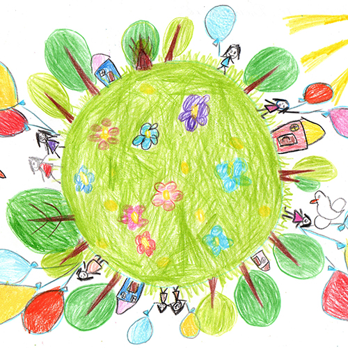 Child drawing of multicultural children holding hands around the